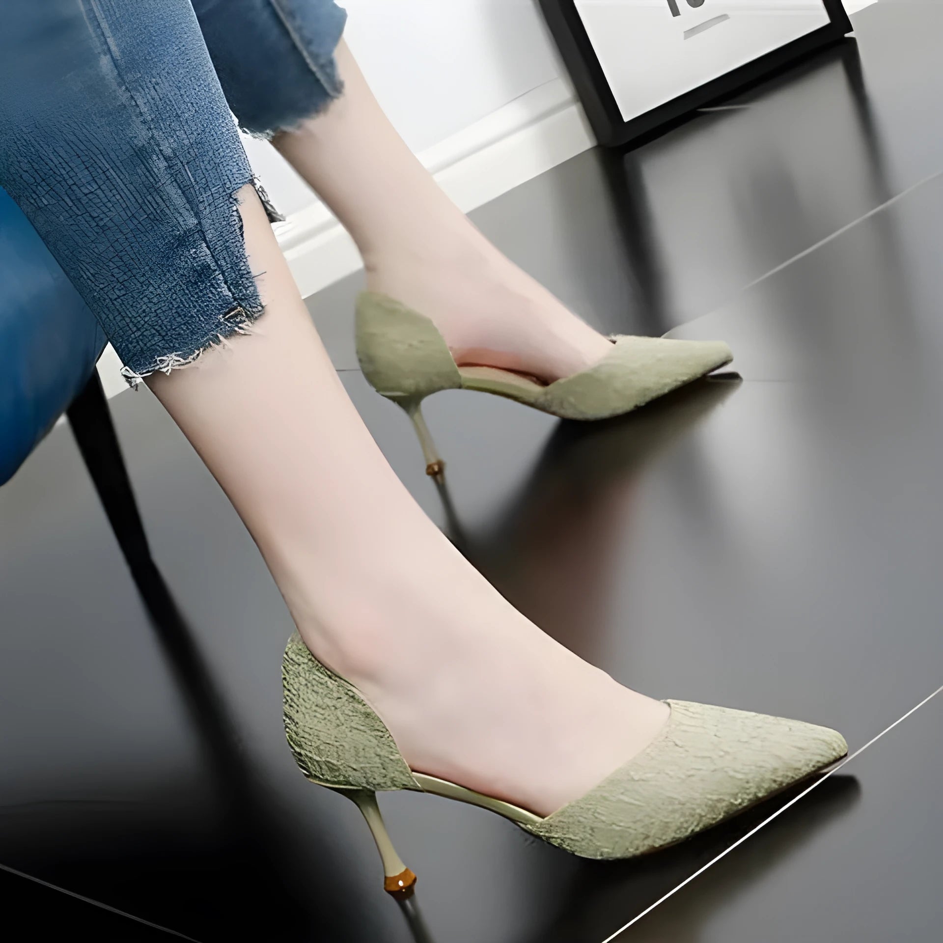 Women's black pointed-toe stiletto high-heel shoes with a PU leather upper and 6-8 cm heel