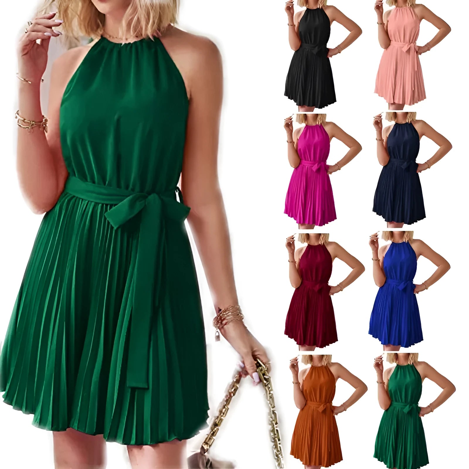 Women's black halter neck strapless dress with pleated midi skirt and adjustable waist belt