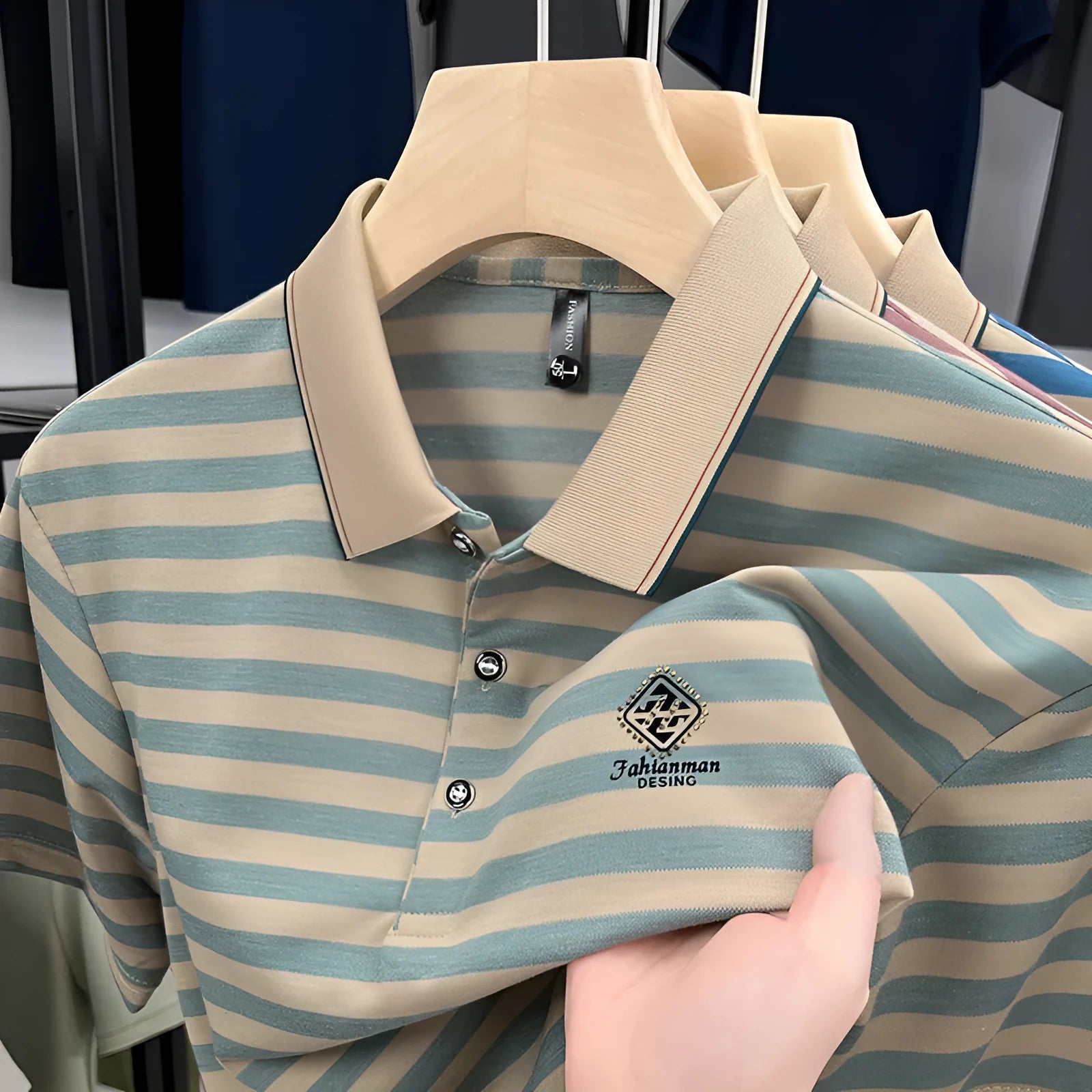 Men's striped polyester short sleeve shirt in red, blue, or green colours with mosaic pattern