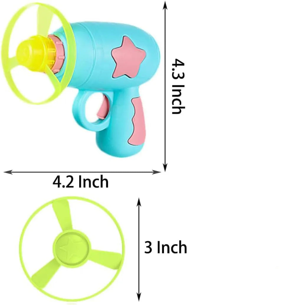 Blue interactive cat toy gun with spinning plastic frisbee for indoor feline play