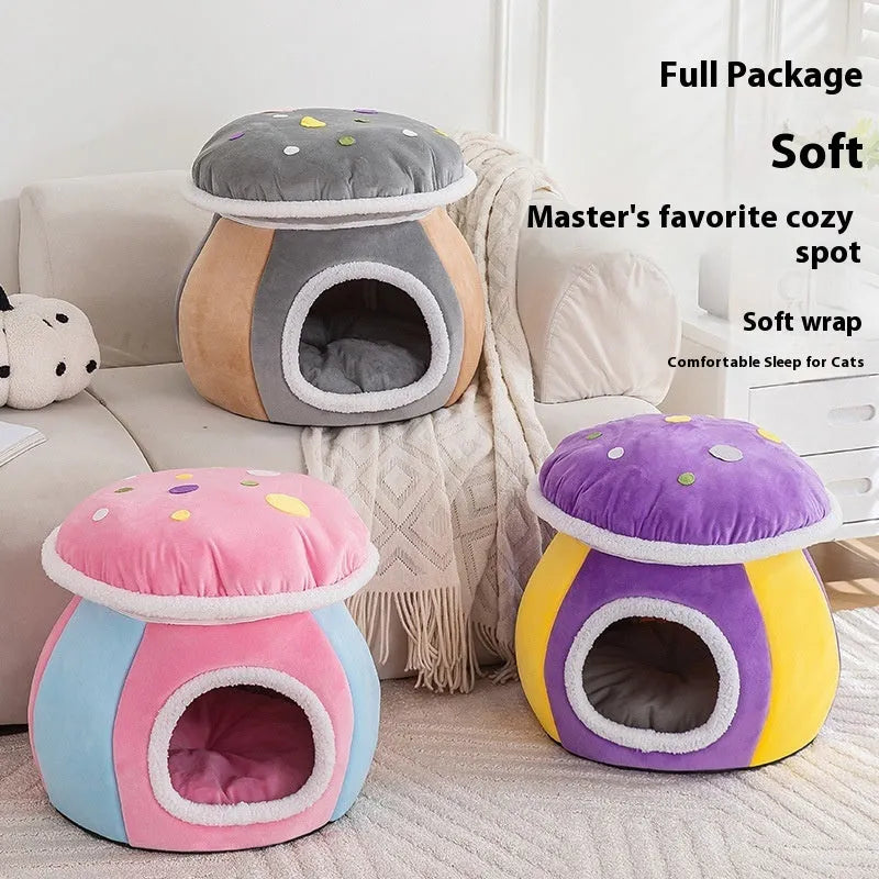 Grey plush mushroom-shaped cat nest with a detachable blanket, shown alongside pink and purple colour options.