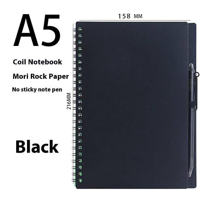 Erasable coil-bound notebook with customisable coloured cover on thick, reusable rock paper, shown with a pen.