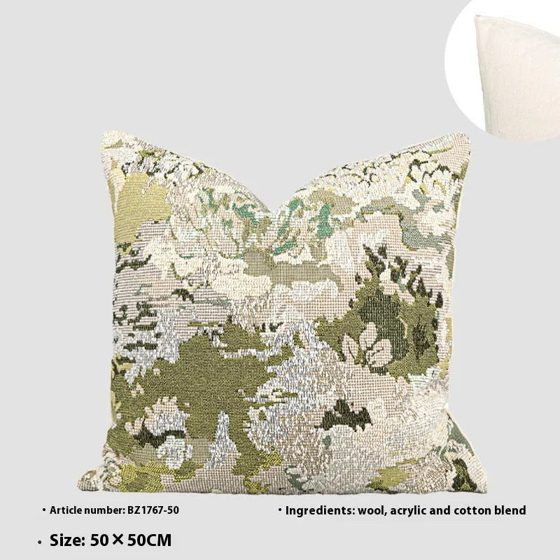 Green wool blended cushion with abstract floral pattern in French antique Chinese style