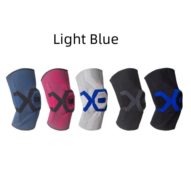 Silicone knee pad for men in black and blue colour, shown on a knee during activity.
