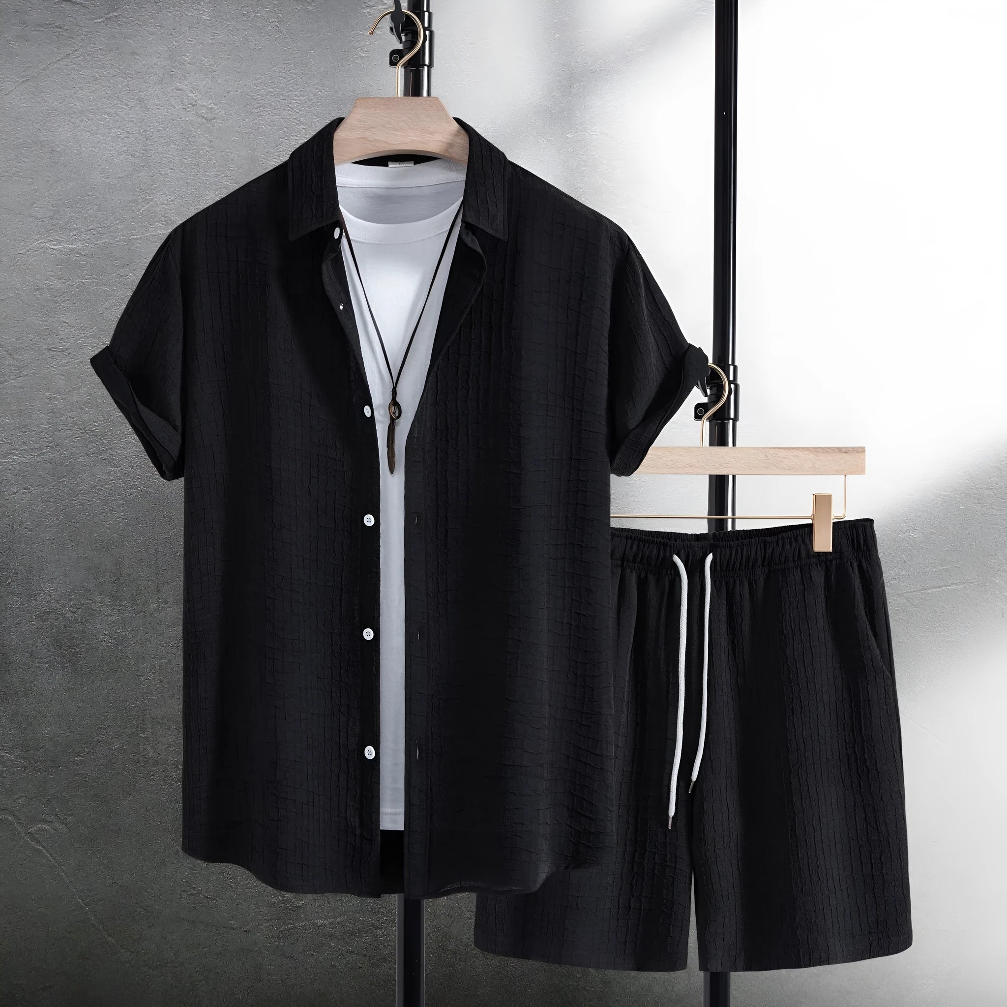 Men's cotton blend jacquard short sleeve shirt and shorts suit in black or white colours
