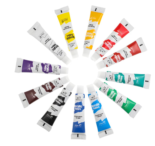 Artists' pigment set with tubes for watercolour, gouache, acrylic and oil painting techniques in twelve colours
