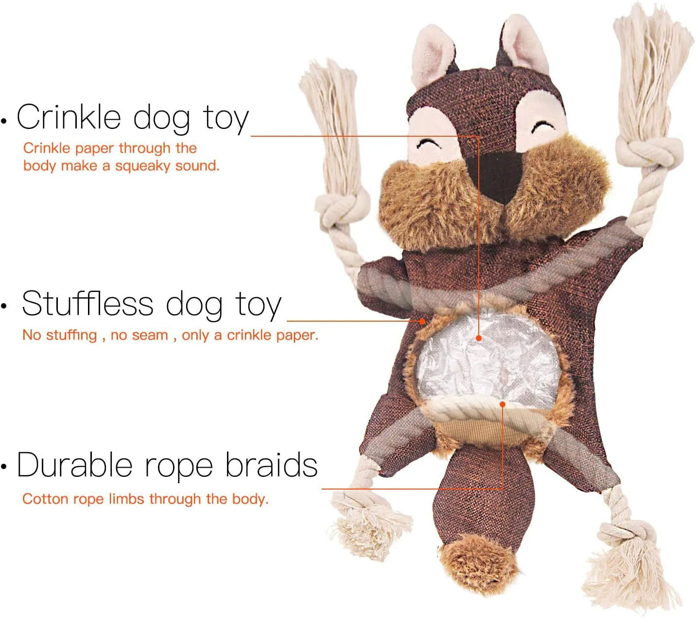 Brown fox plush dog toy with rope arms and legs, embroidered eyes, and a squeaker.