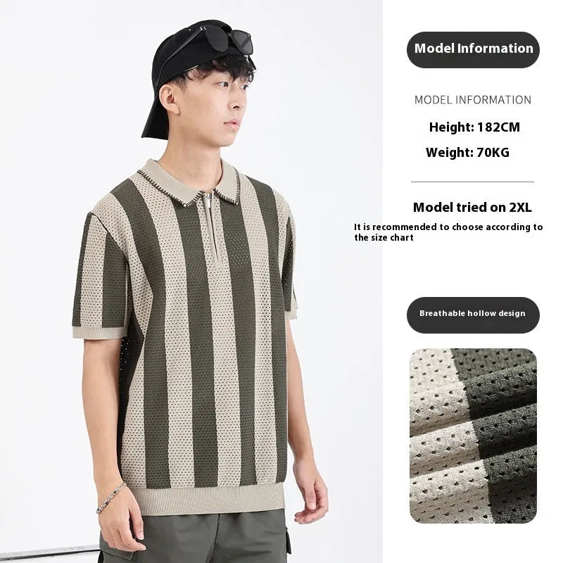 Men's short sleeve striped summer sweater in ice silk viscose fabric with zipper decoration