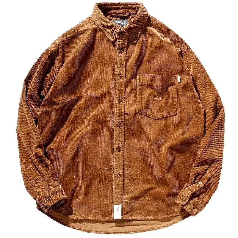 Loose fit corduroy long sleeve shirt in caramel colour with cardigan style design