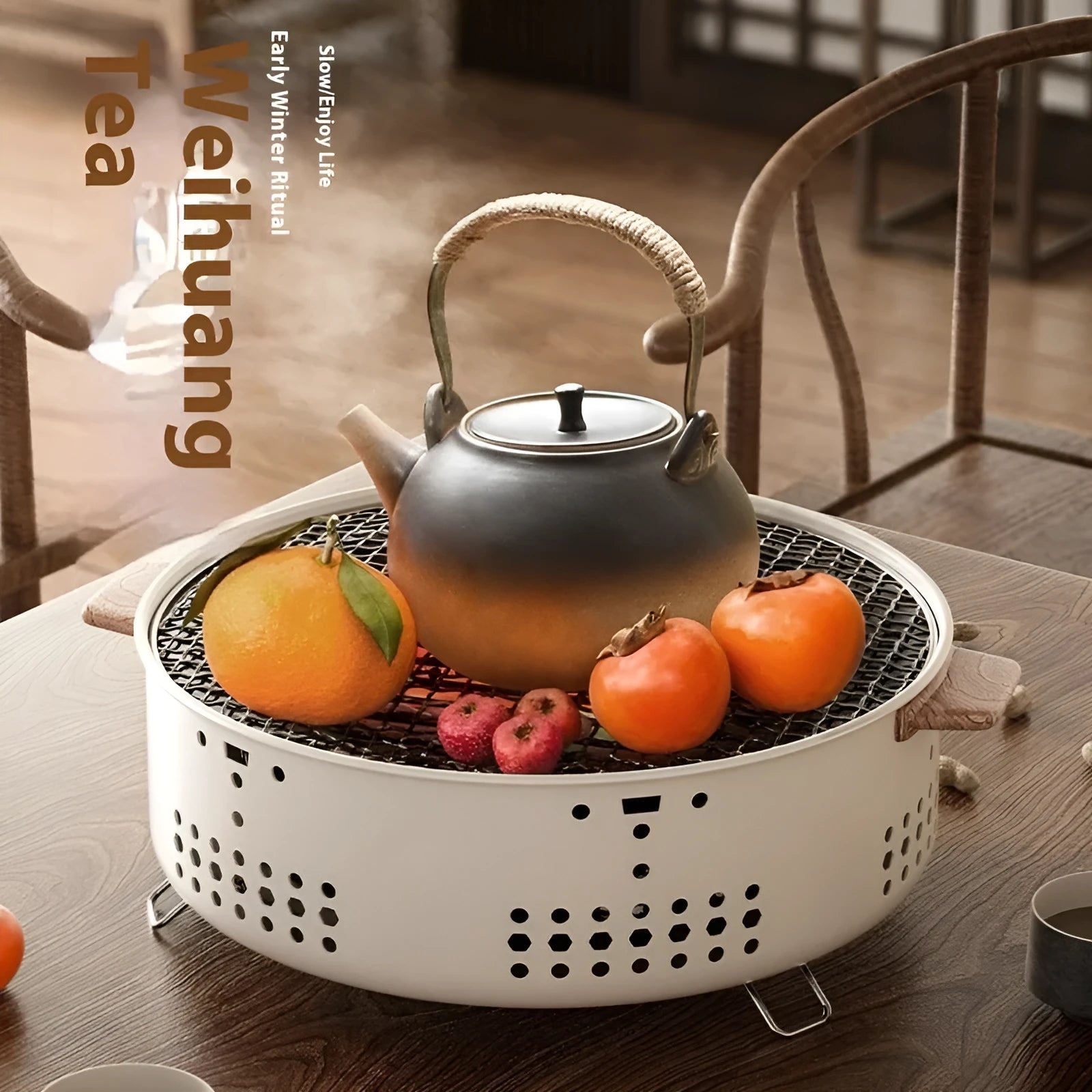 Portable charcoal indoor cooking stove with grill rack disk for tea preparation and barbecue
