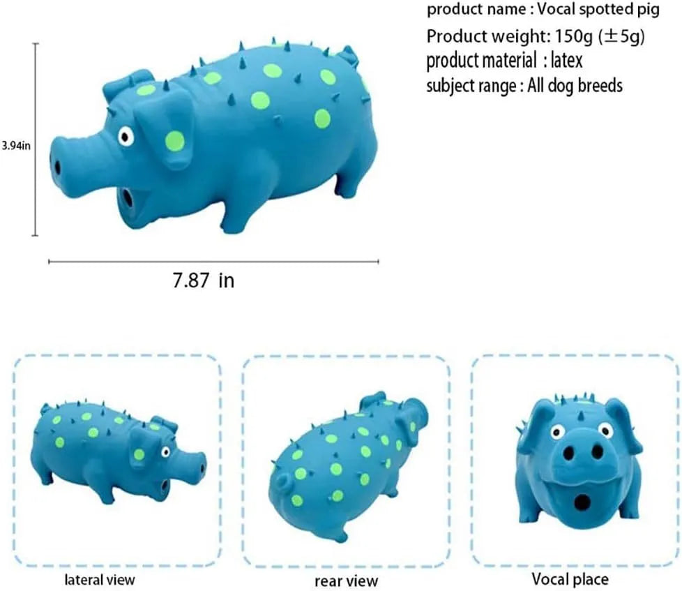 Latex pig-shaped squeaky dog chew toy with textured surface in assorted colours