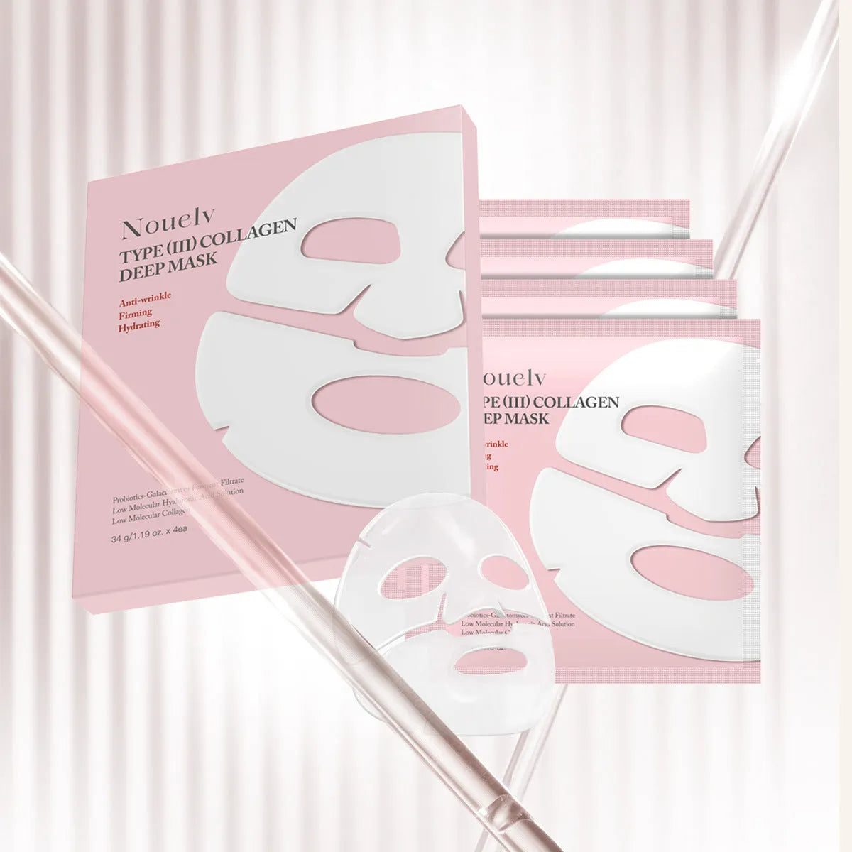 Collagen layered patch mask four-pack with individually wrapped sheet masks for moisturising and rejuvenating skin