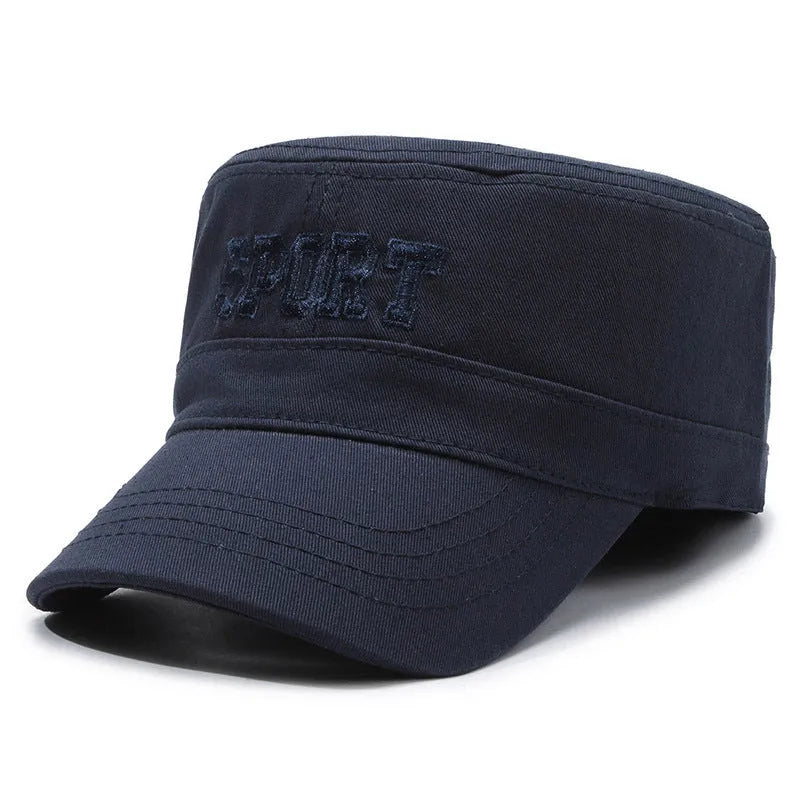 Men's flat-top cotton peaked cap in army green with adjustable strap and English letter detail.