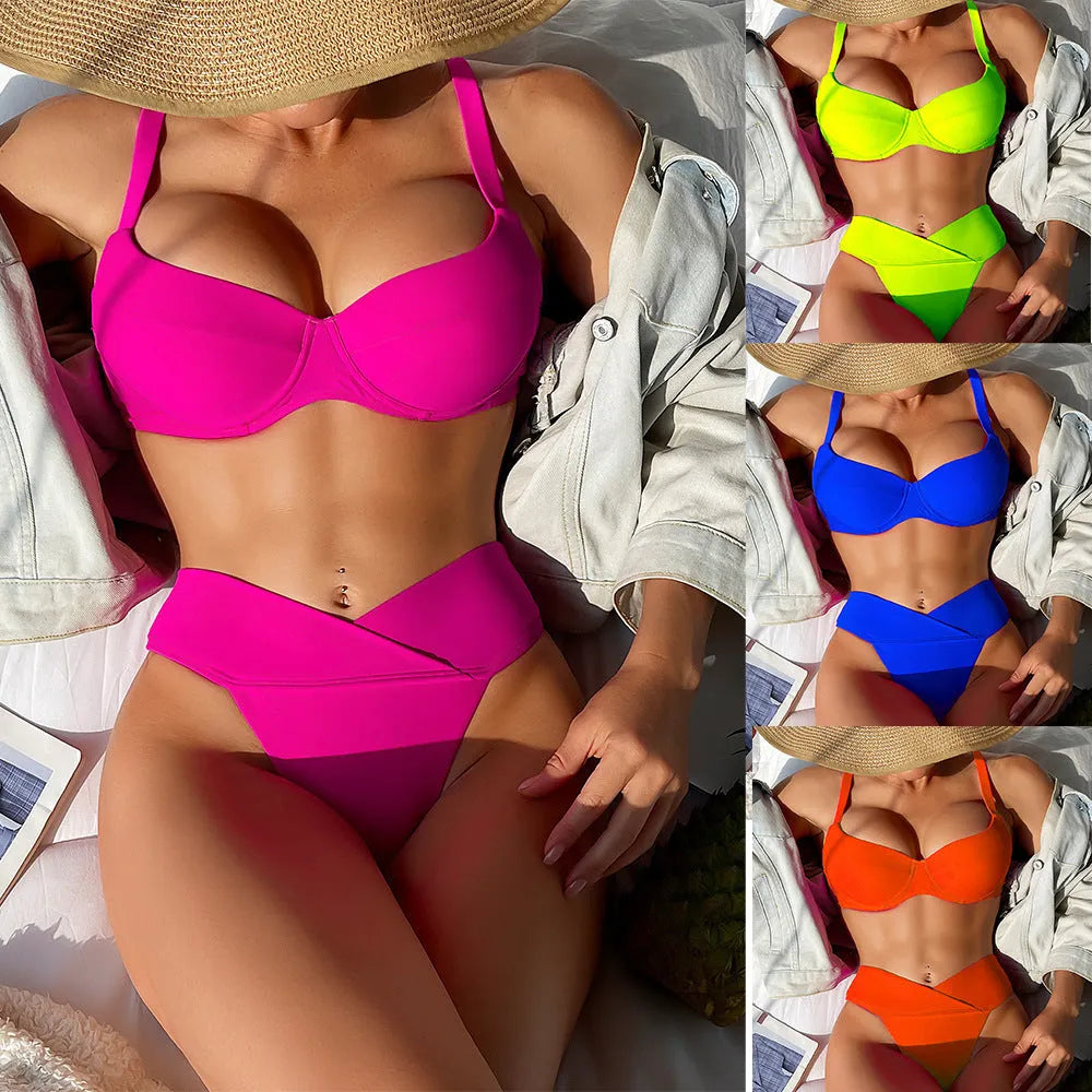 Fluorescent colour bikini swimsuit set with bra and briefs on a white background.