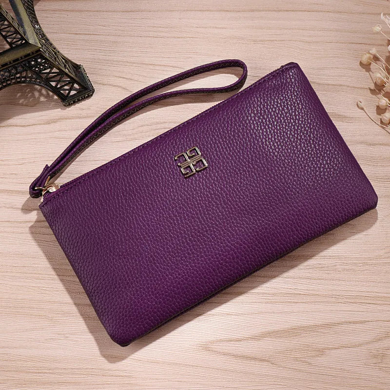 Long black PU leather phone wallet handbag with a zipper and sewing line detailing