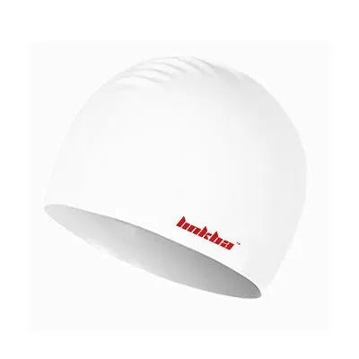 Black silicone swimming cap with white letter pattern and integrated waterproof earmuffs.