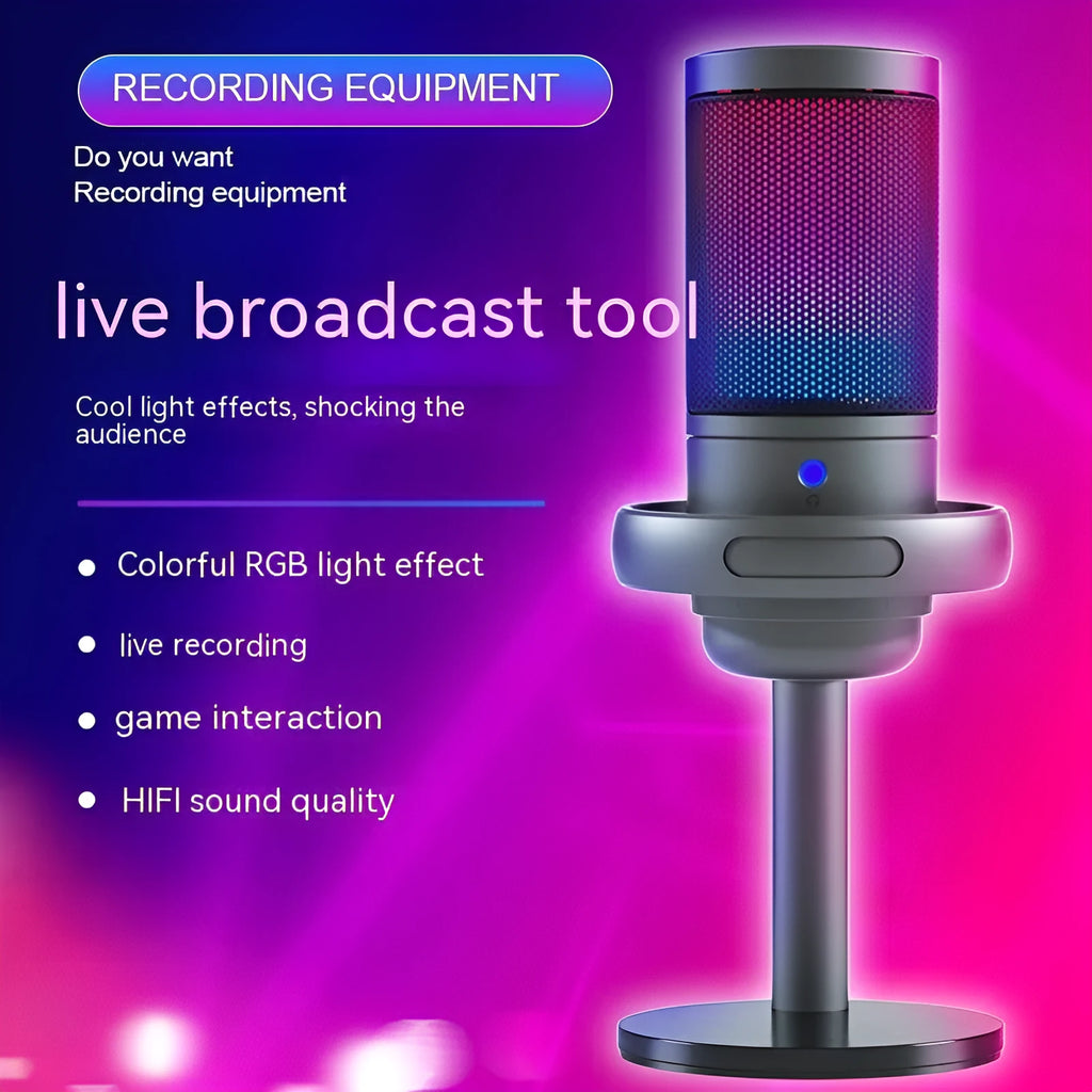 Condenser microphone with RGB lighting in black, white, or pink colours for live streaming