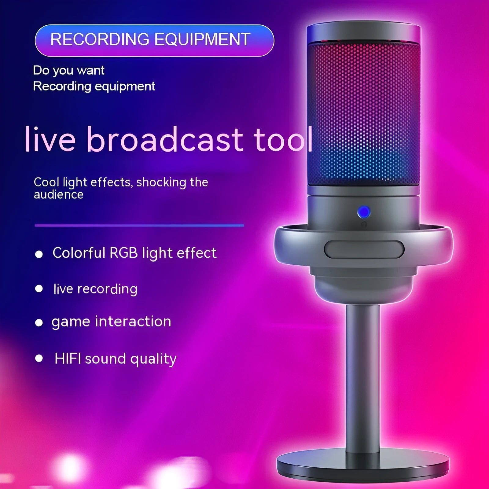Condenser microphone with RGB lighting in black, white, or pink colours for live streaming