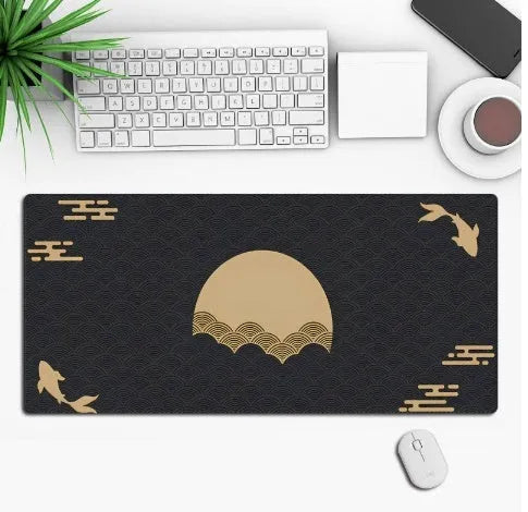 Anime-themed gaming mouse pad on a desk, showing non-slip rubber base and printed cloth surface.