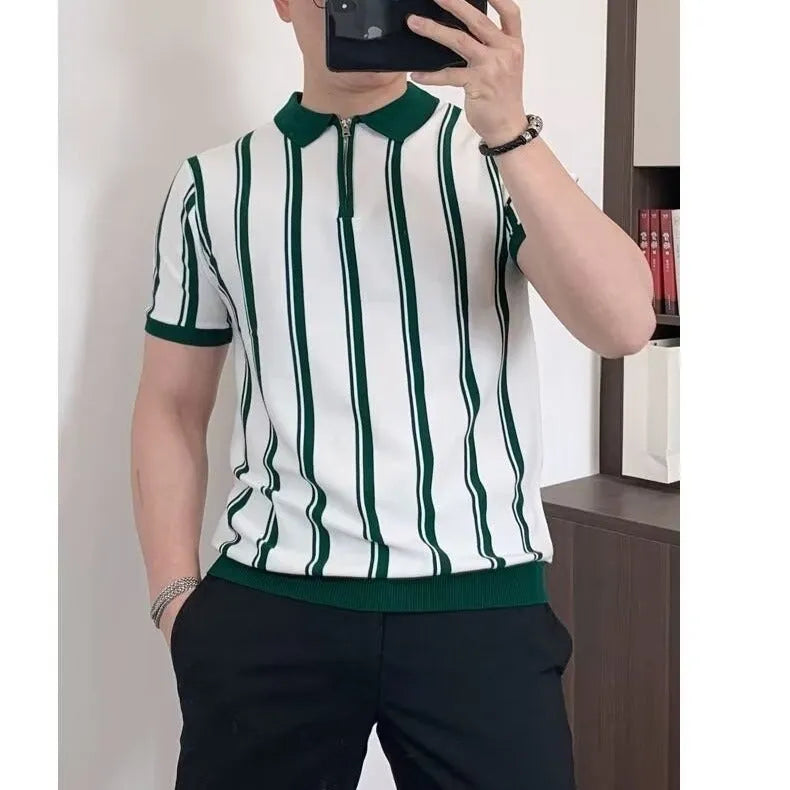 Korean vintage stripe men's casual T-shirt with zip-up front and cartoon pattern in black colour