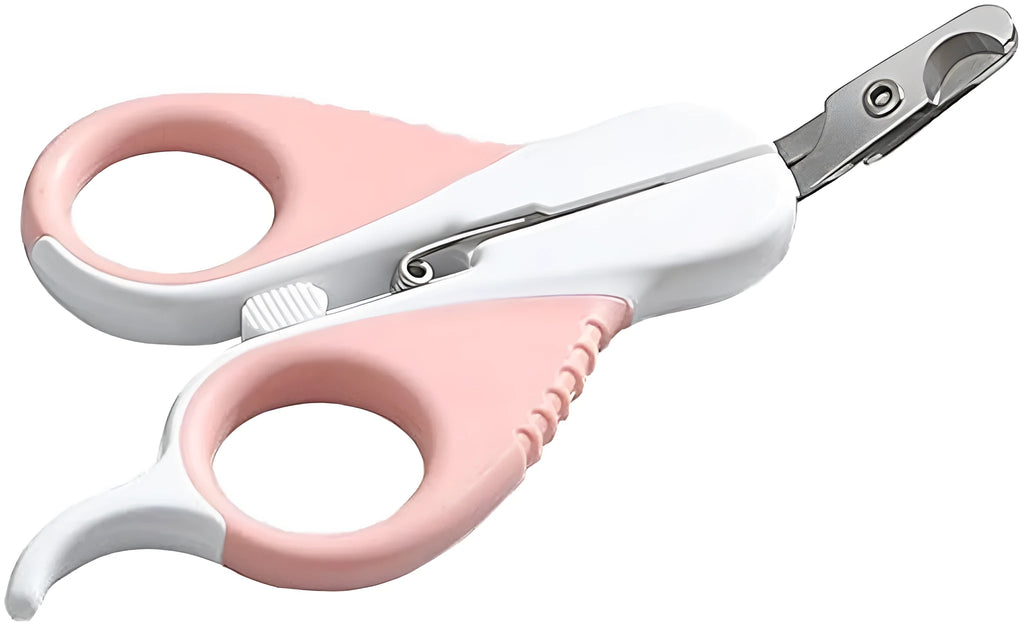 Grey and pink angled blade cat nail clippers with safety guard on a non-slip handle