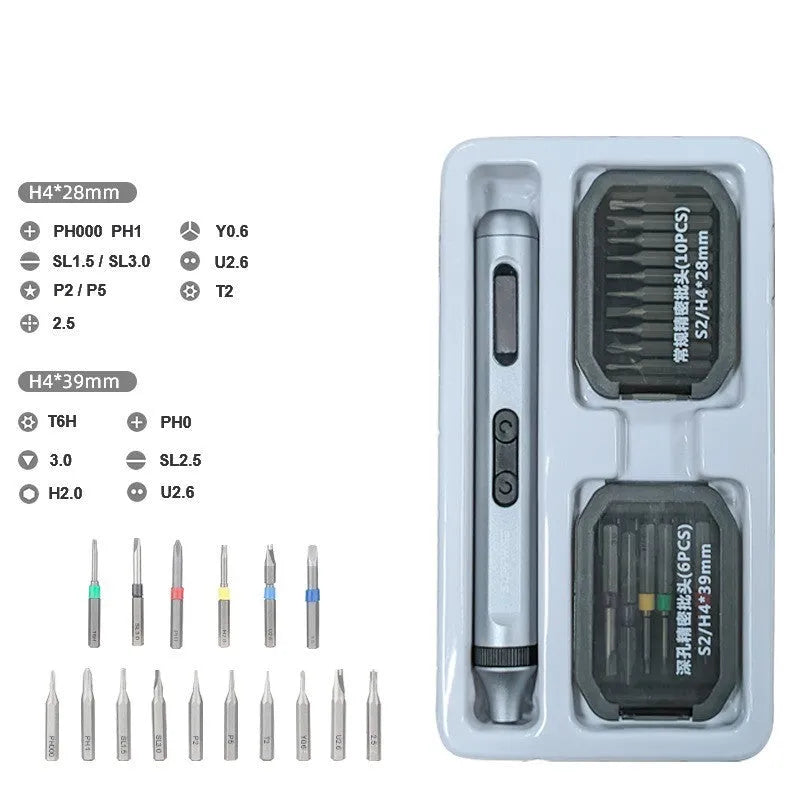Compact aluminium electric screwdriver showing scale, with display indicating 180-minute battery life and dual torque settings.