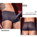Men's black striped boxer briefs made from elastic nylon fabric.