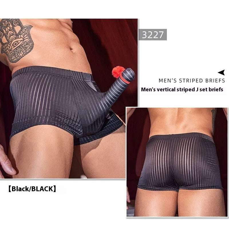 Men's black striped boxer briefs made from elastic nylon fabric.