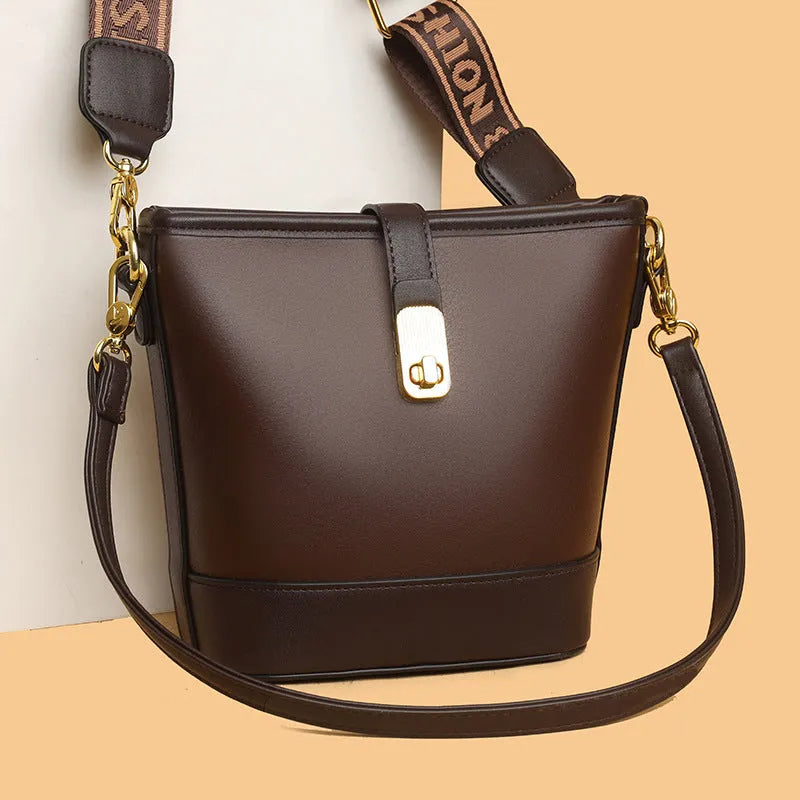 Korean-style black bucket messenger bag with soft PU leather and shoulder straps