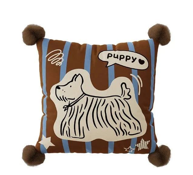 Blue cartoon animal print square sofa cushion with removable pillowcase on a grey sofa.