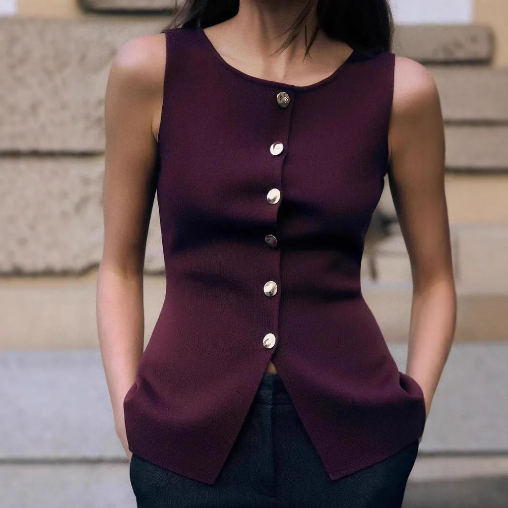Women's dark red sleeveless sweater vest with gold buttons and 3D pattern, slim fit viscose cardigan