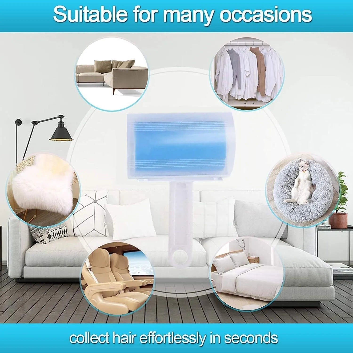 Blue washable reusable lint roller with cover for removing pet hair from clothes.