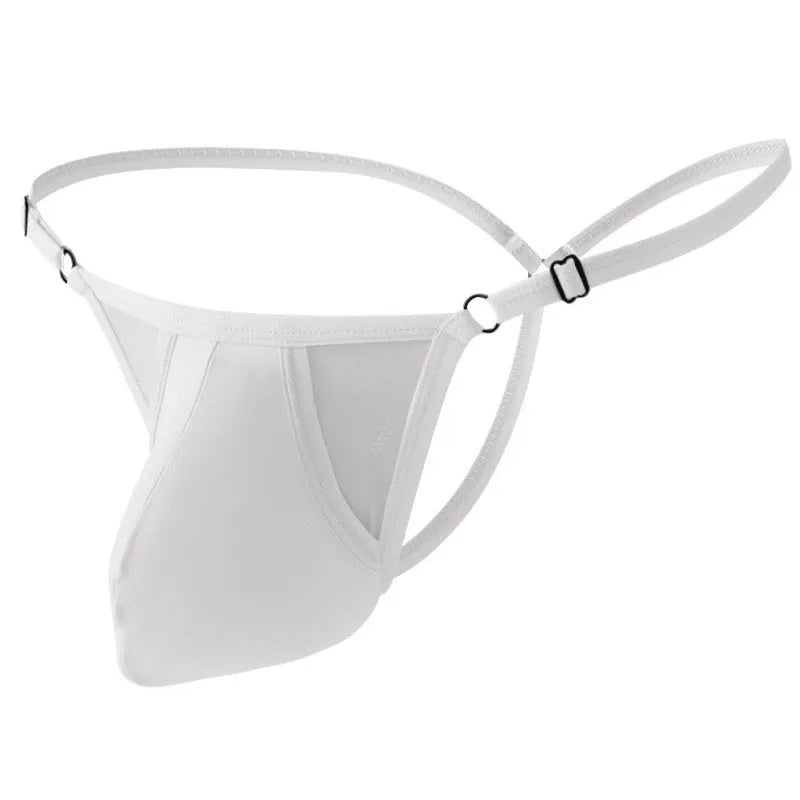Men's black ice silk T-back underwear with thin adjustable straps on a grey background