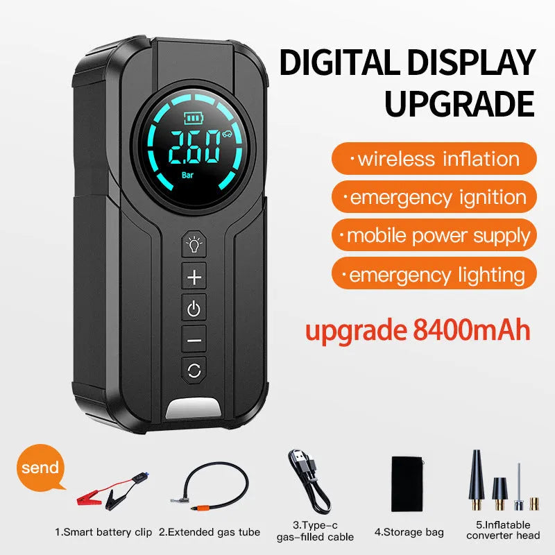 Portable wireless car air pump with power cable and multiple nozzle attachments