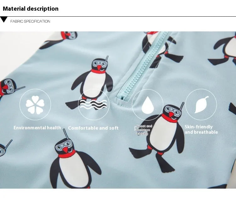 Boys' penguin print long-sleeve one-piece swimsuit with matching swimming cap