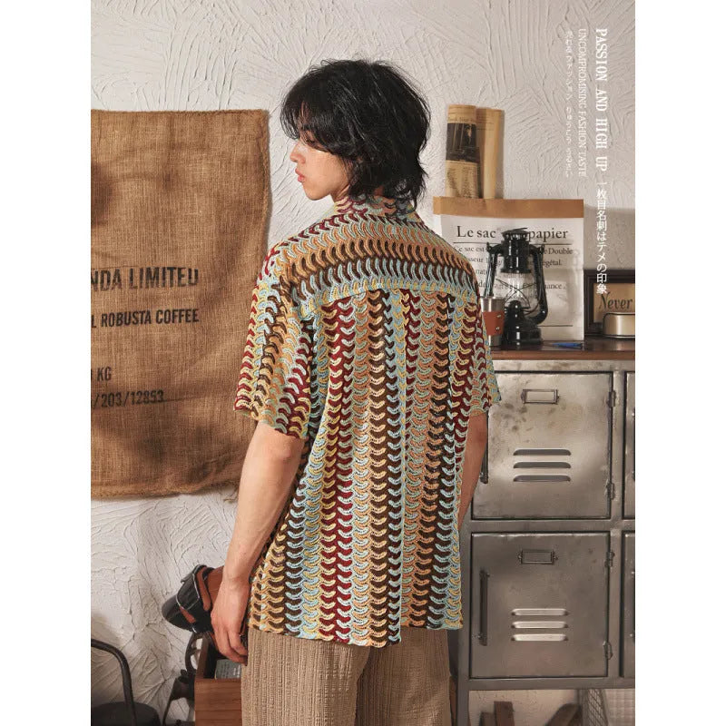 Men's grey Japanese style Cuban collar short sleeve shirt with jacquard texture, shown on a model.