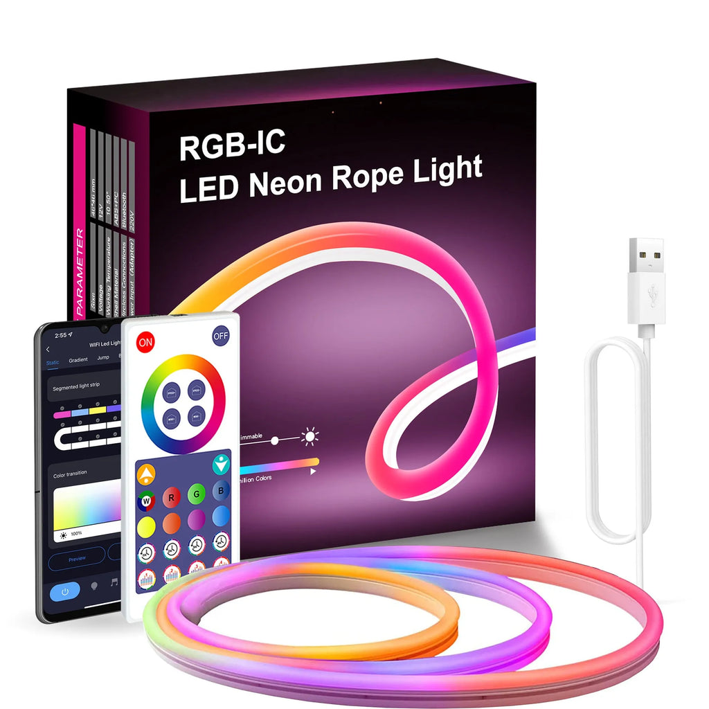 3 metre RGB LED neon light strip with remote control showing colour-changing illumination