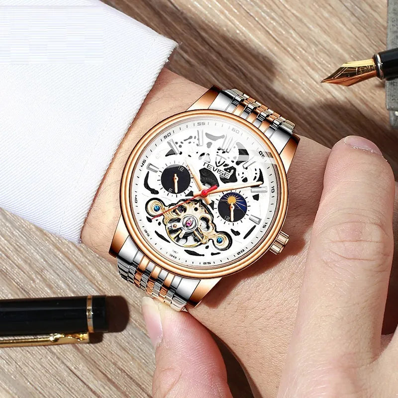 Men's waterproof luminous mechanical watch with tourbillon movement and skeleton dial