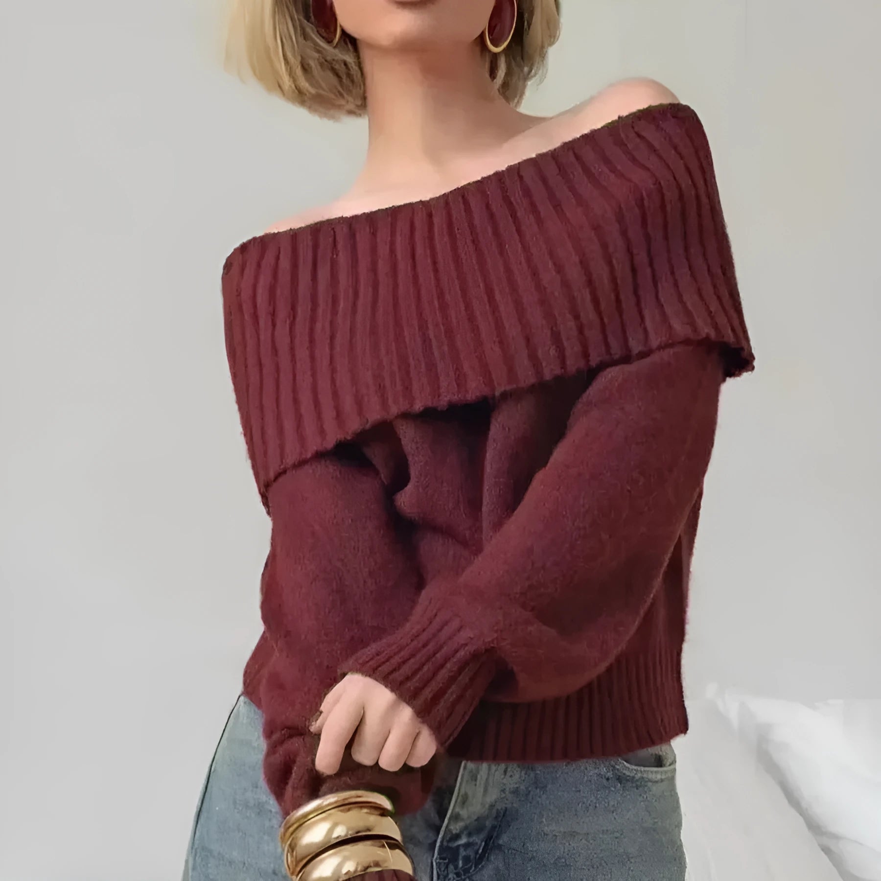 Off-the-shoulder strapless sweater with 3D pattern in grey, white, or wine red colours