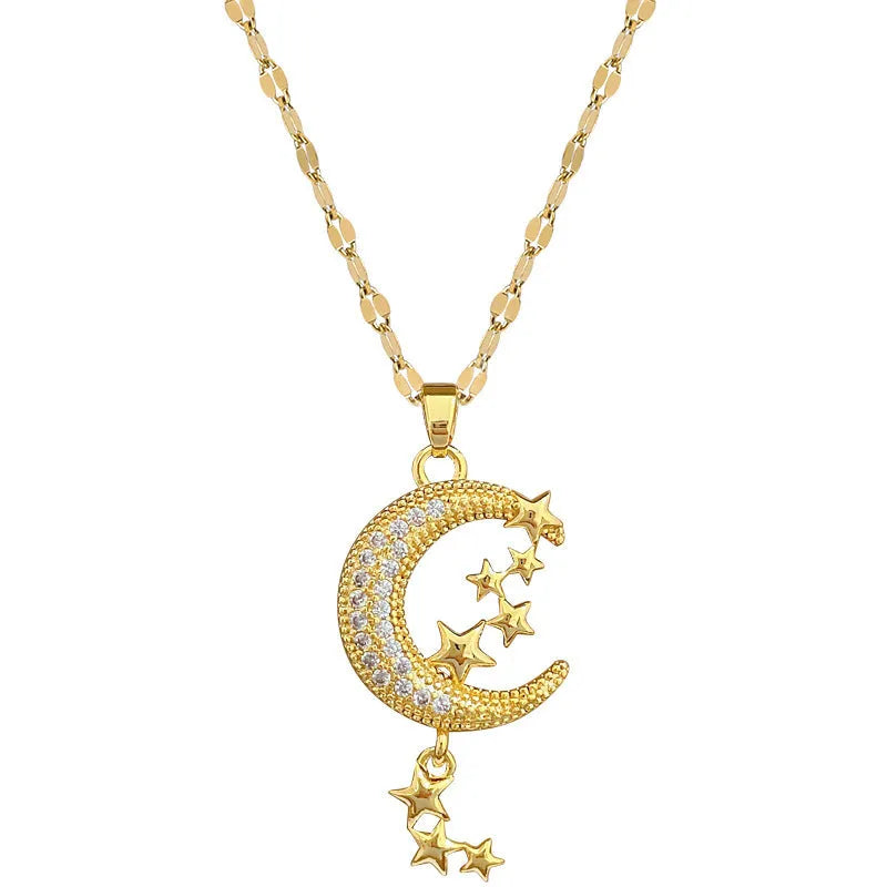 Geometric moon pendant necklace with stainless steel chain and copper tassel decorations