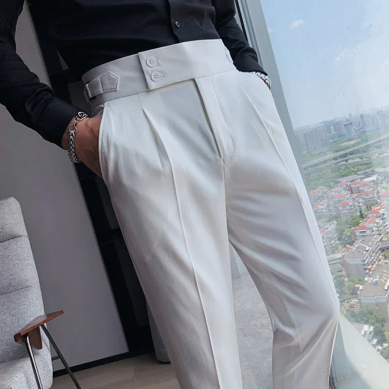 Straight leg casual trousers in solid colours on a hanger.