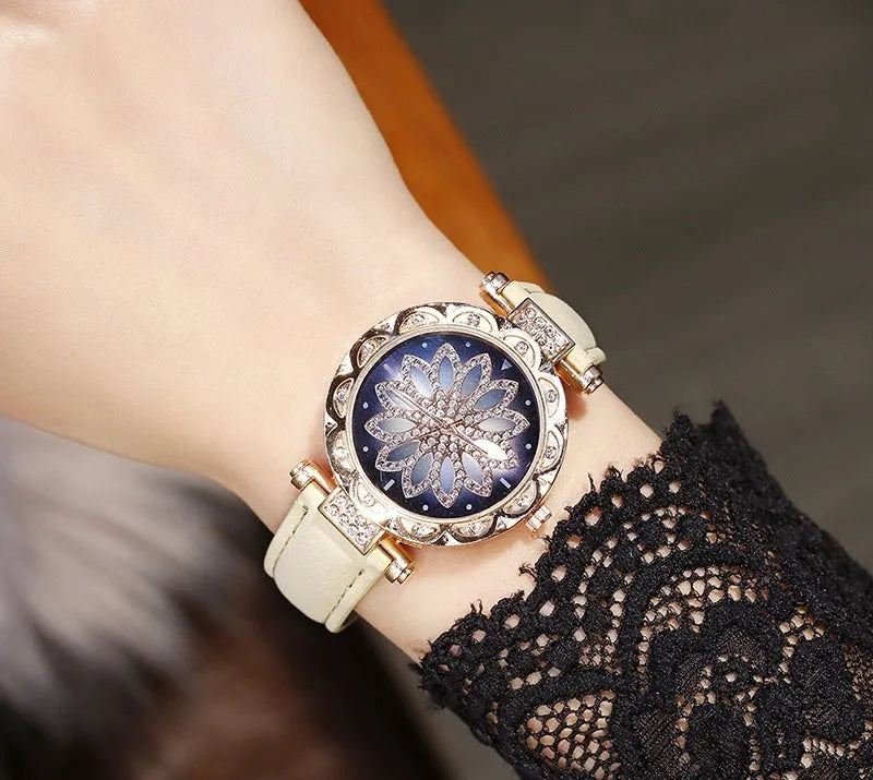 Women's diamond fashion watch with round dial, waterproof to 30m, shown in multiple colour options.