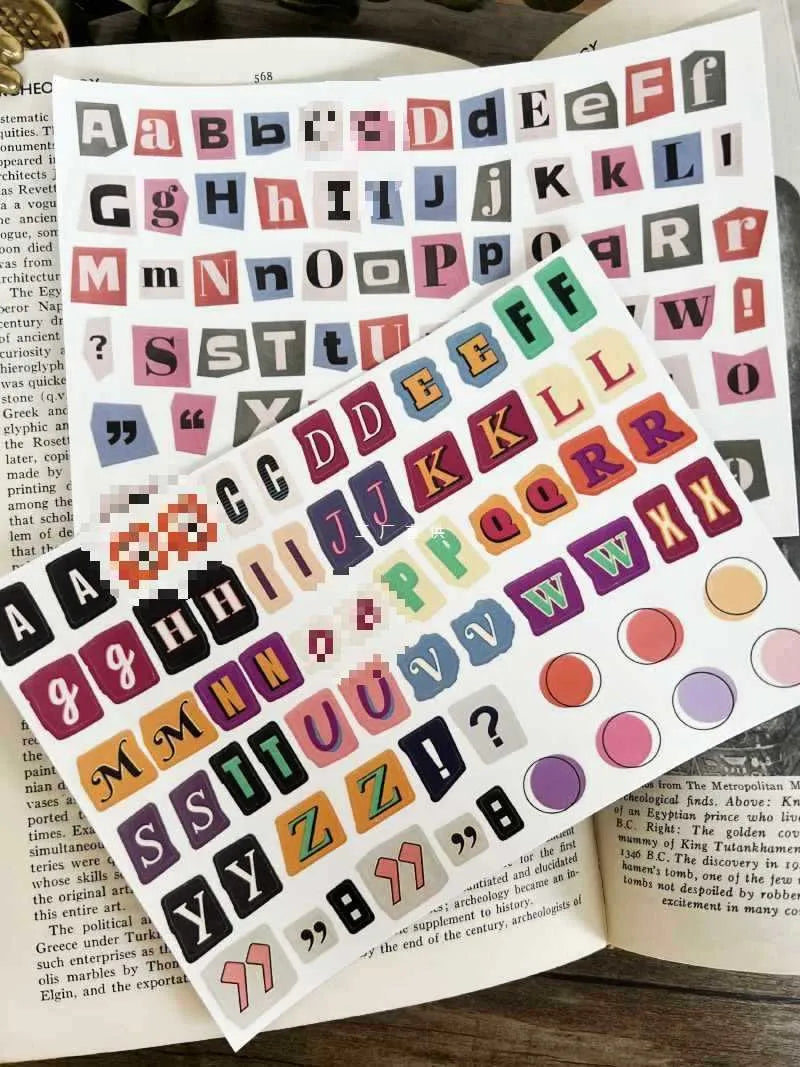 Set of printed vinyl decoration stickers showing English letters A, B, C, D, E and weekly words in a cute style.