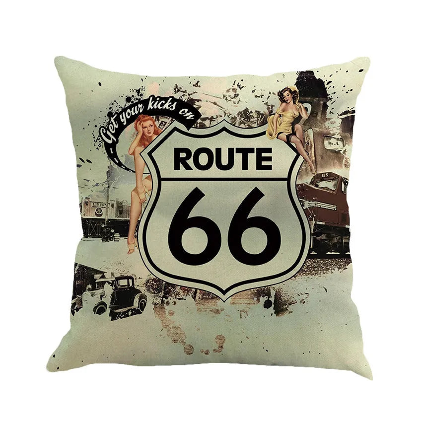 Route 66 landscape pattern on a 45x45 cm linen and cotton blend cushion cover.