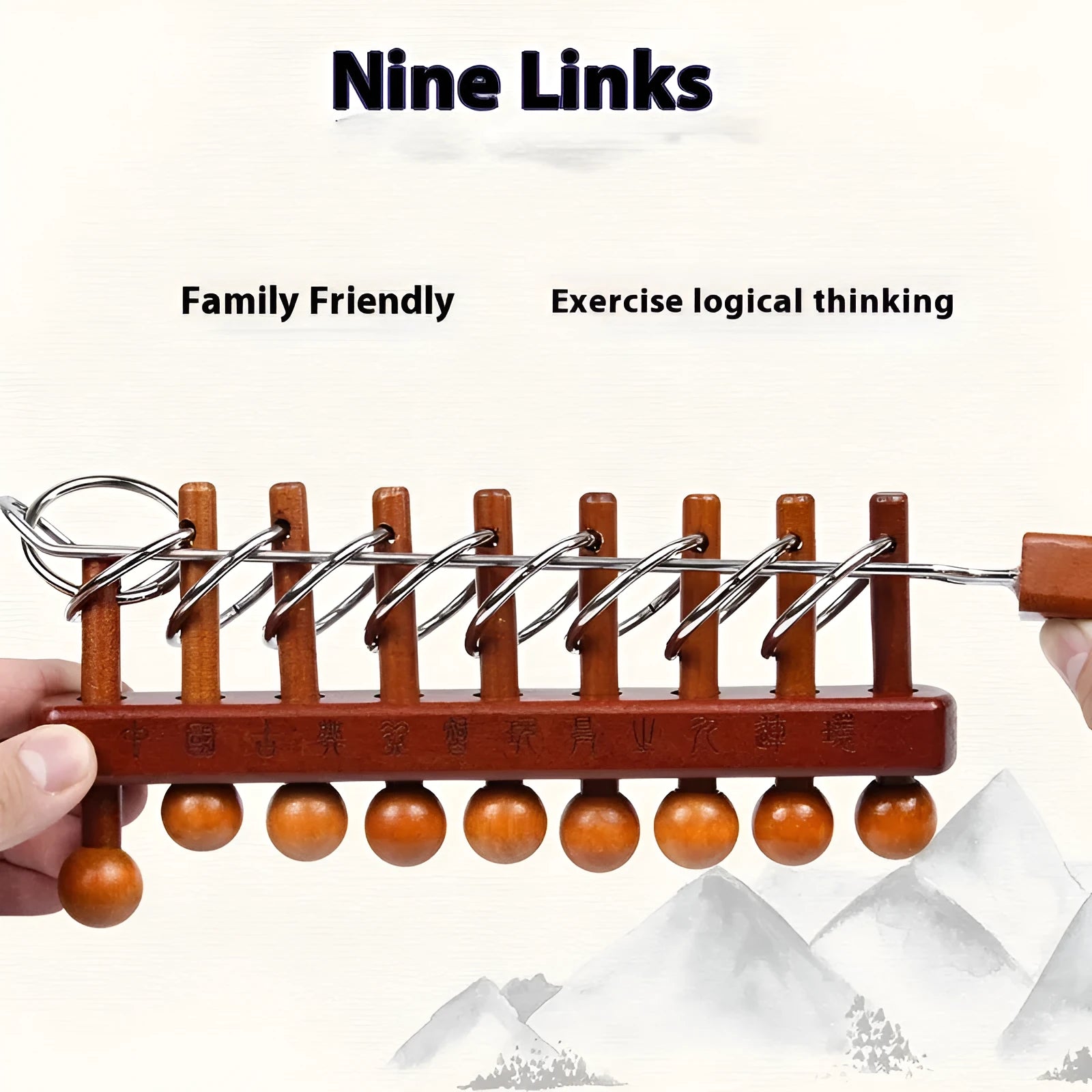 Classic wooden Luban Lock unlock puzzle on white background, 28.5x21cm size