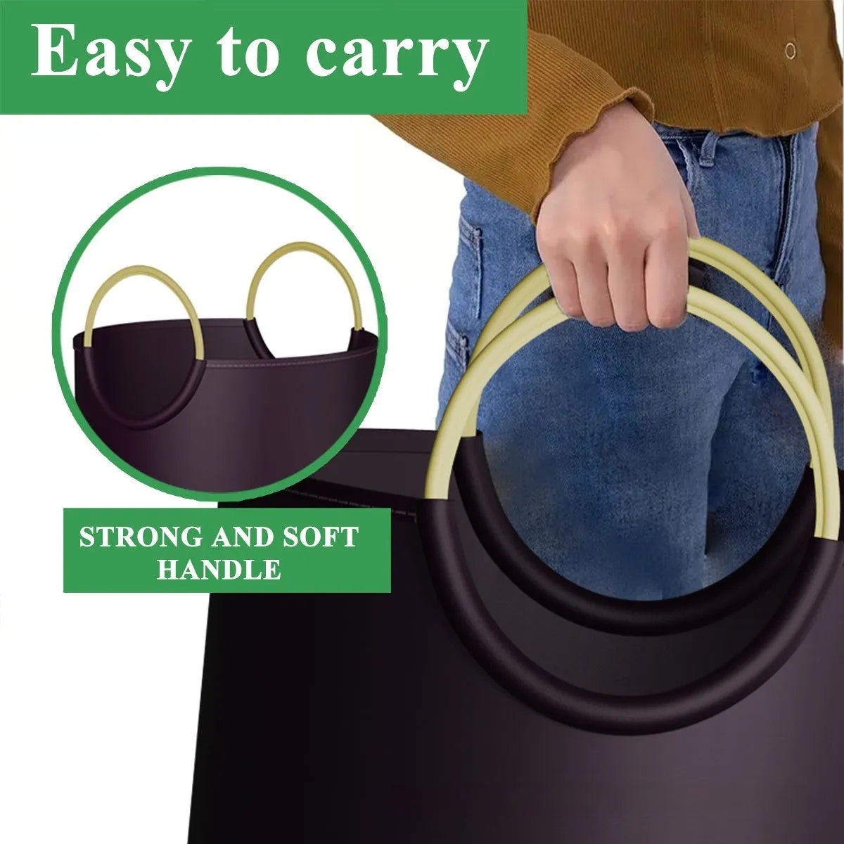 Round portable plastic trash can measuring 38cm wide by 72cm tall