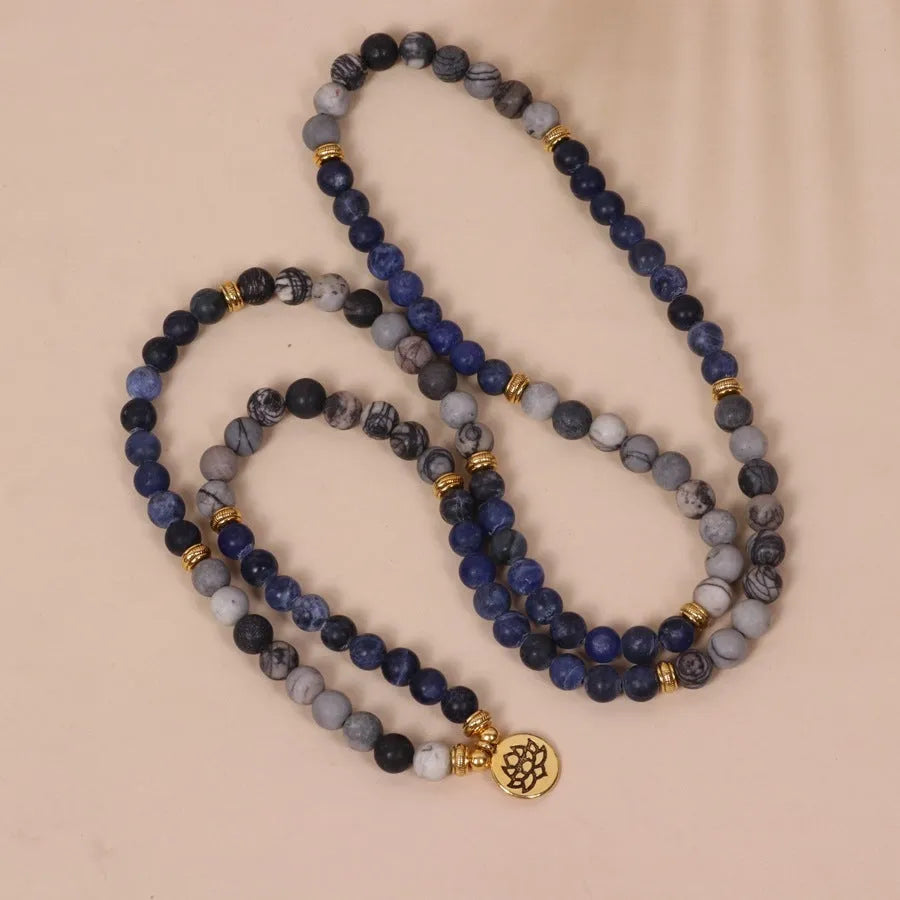 Blue patterned network stone bead multi-layer bracelet with alloy metal chain links