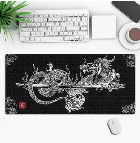 Anime-themed gaming mouse pad on a desk, showing non-slip rubber base and printed cloth surface.