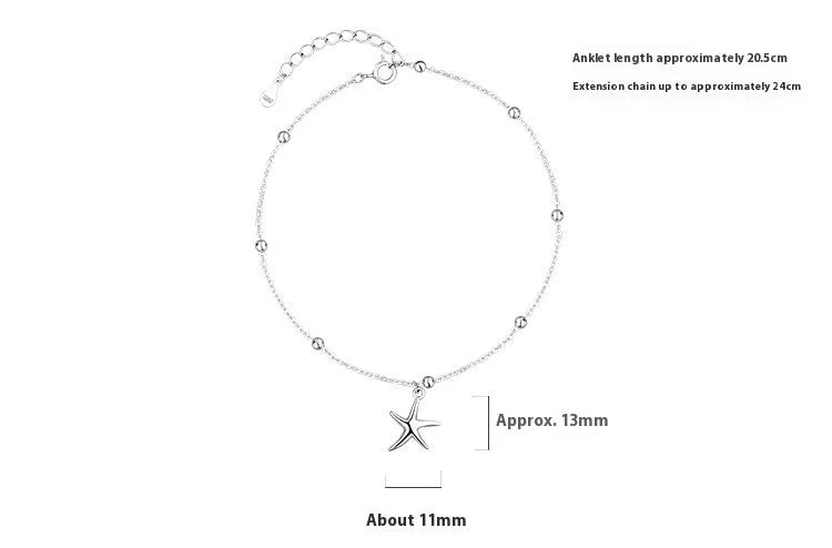 Sterling silver anklet with round beads and small starfish charm on ankle