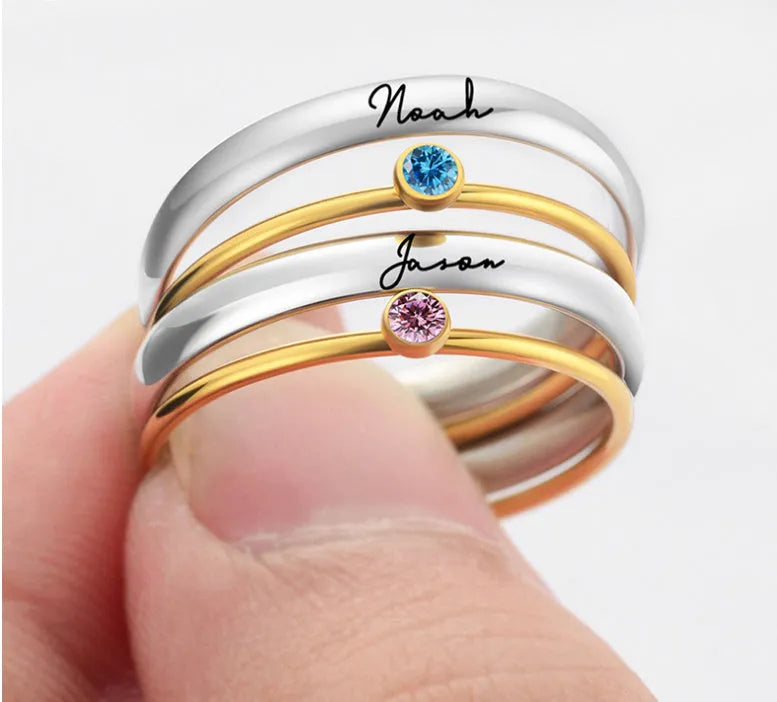 Geometric titanium steel ring featuring an engraved December birthstone design on a finger.